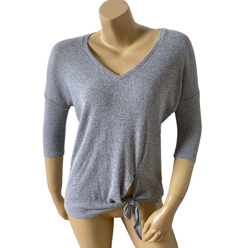 EXPRESS Womens Size XS Gray V Neck 3/4 Sleeve Sweater Knit Tie Front Shirt Top
